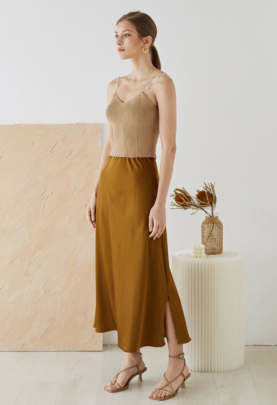 Cropped Knit Pearly Tank Top in Light Tan