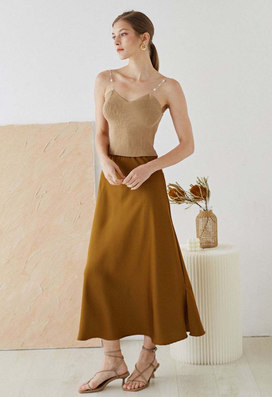 Cropped Knit Pearly Tank Top in Light Tan