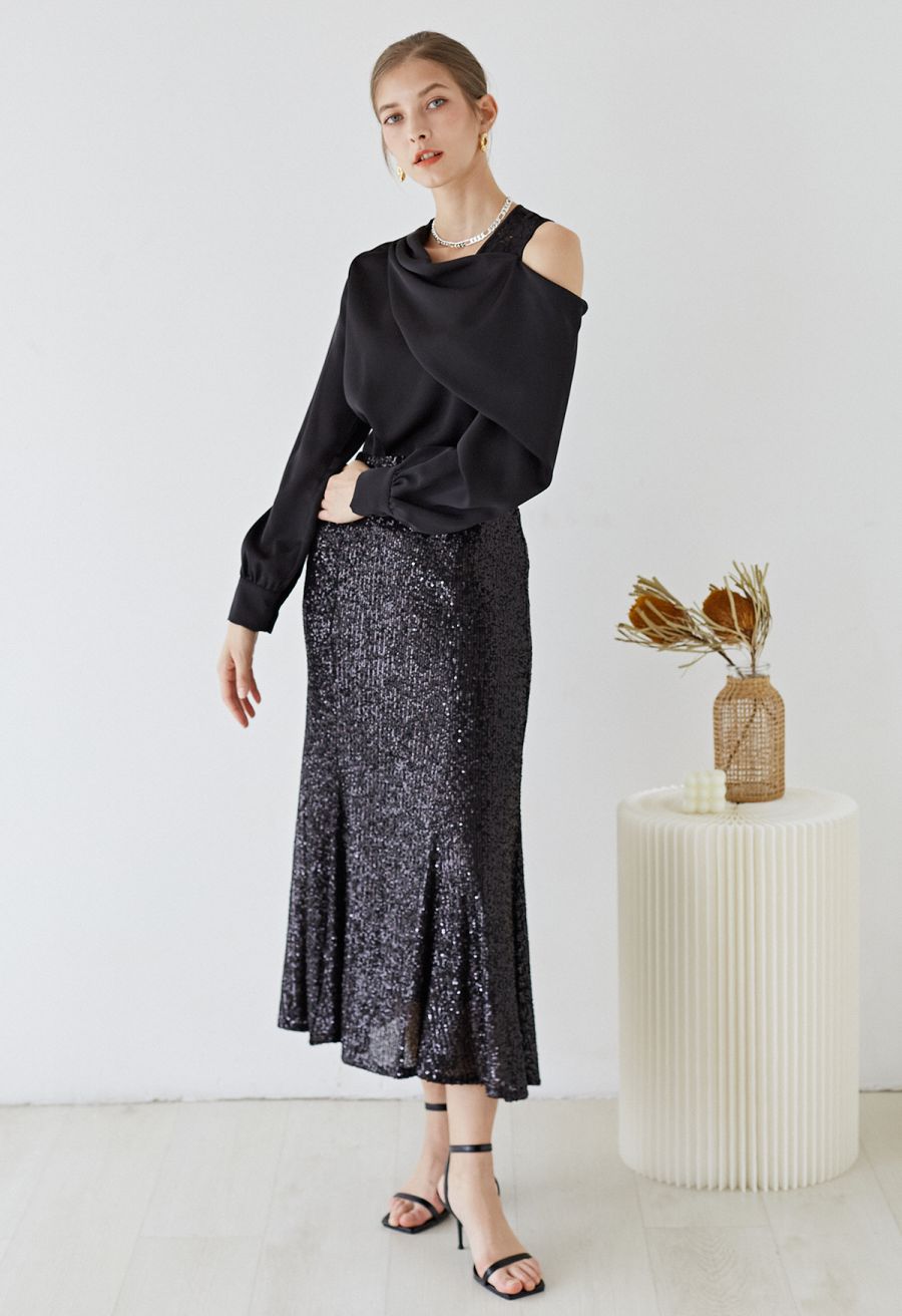 Glitter Sequins Trim Mermaid Midi Skirt in Black