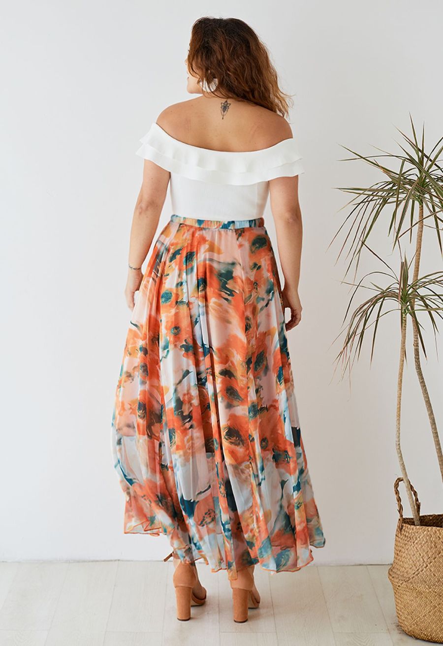 Orange Blossom Watercolor Maxi Skirt
