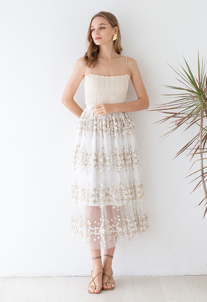 3D Vine Embroidered Mesh Tulle Skirt