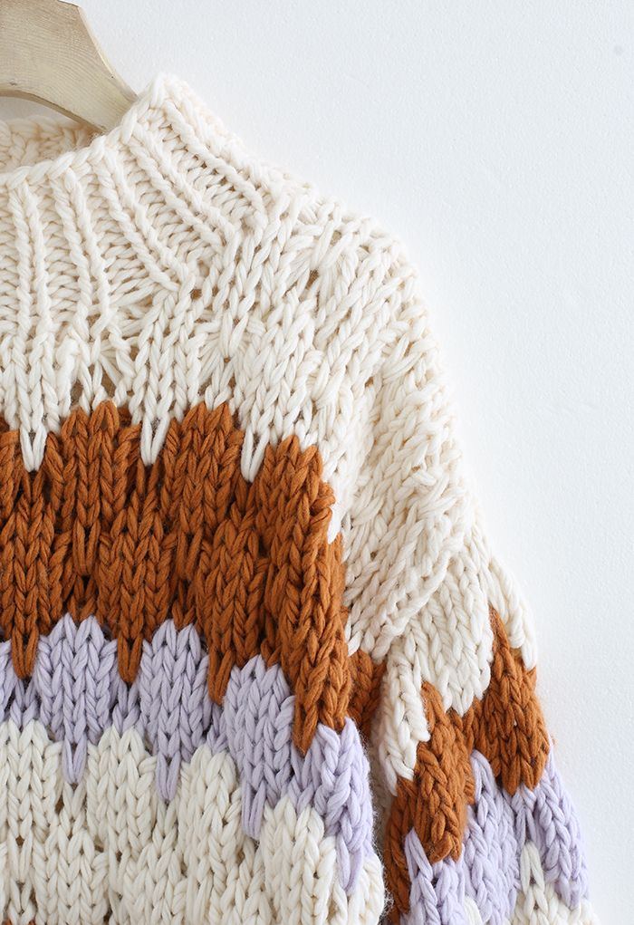 Color Blocked High Neck Hand-Knit Chunky Sweater in Cream