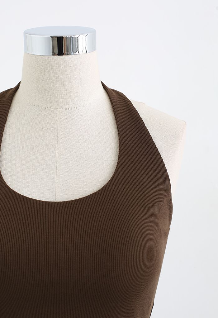 Halter Neck Backless Crop Top in Brown