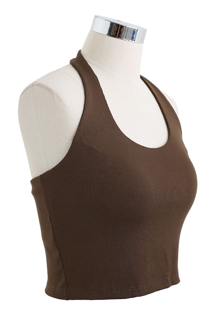 Halter Neck Backless Crop Top in Brown