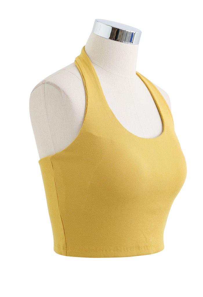 Halter Neck Backless Crop Top in Mustard