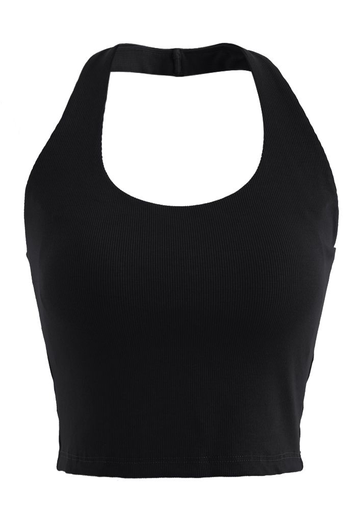 Halter Neck Backless Crop Top in Black