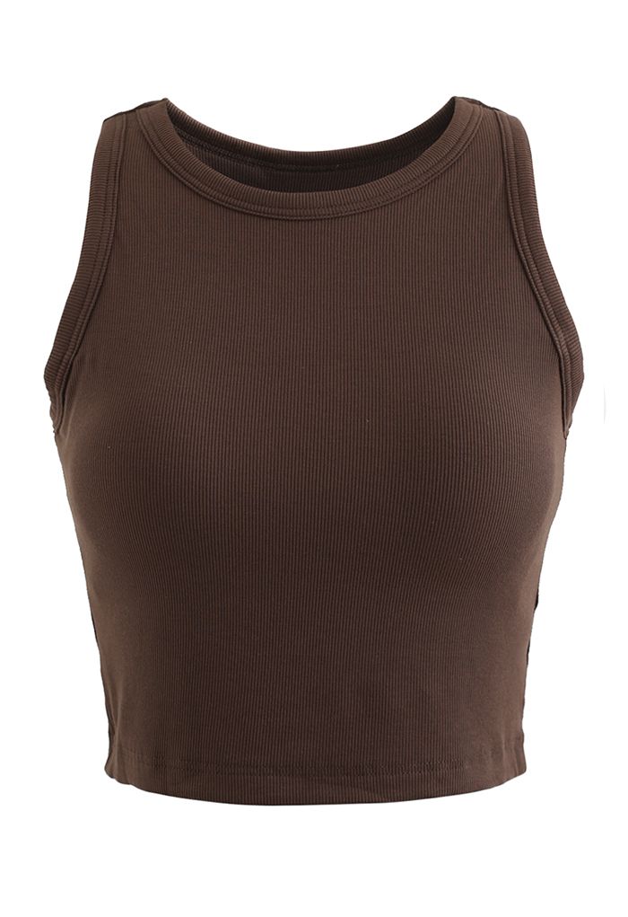 Solid Color Ribbed Tank Top in Brown