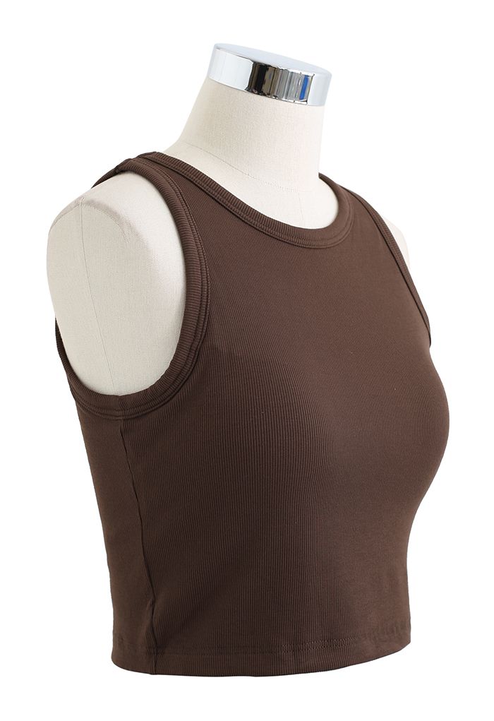 Solid Color Ribbed Tank Top in Brown