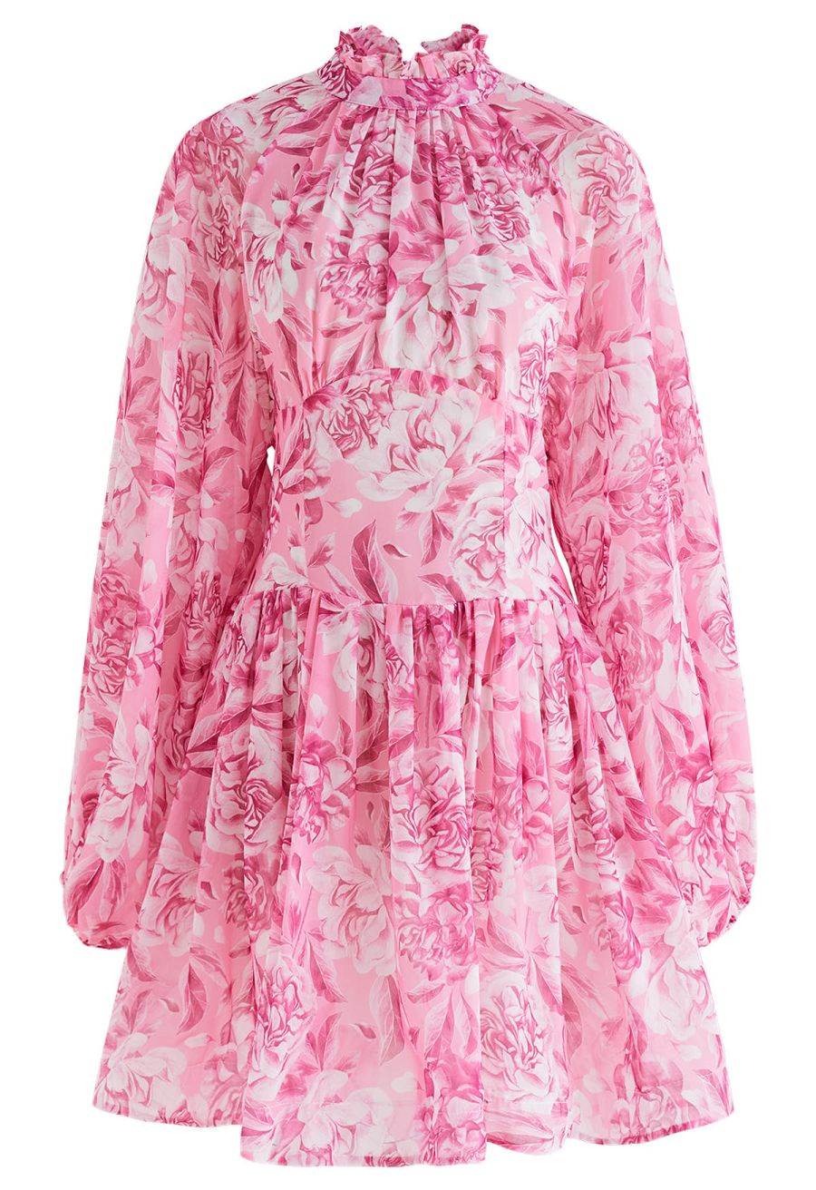 Cutout Back Floral Bubble Sleeve Frilling Dress in Pink