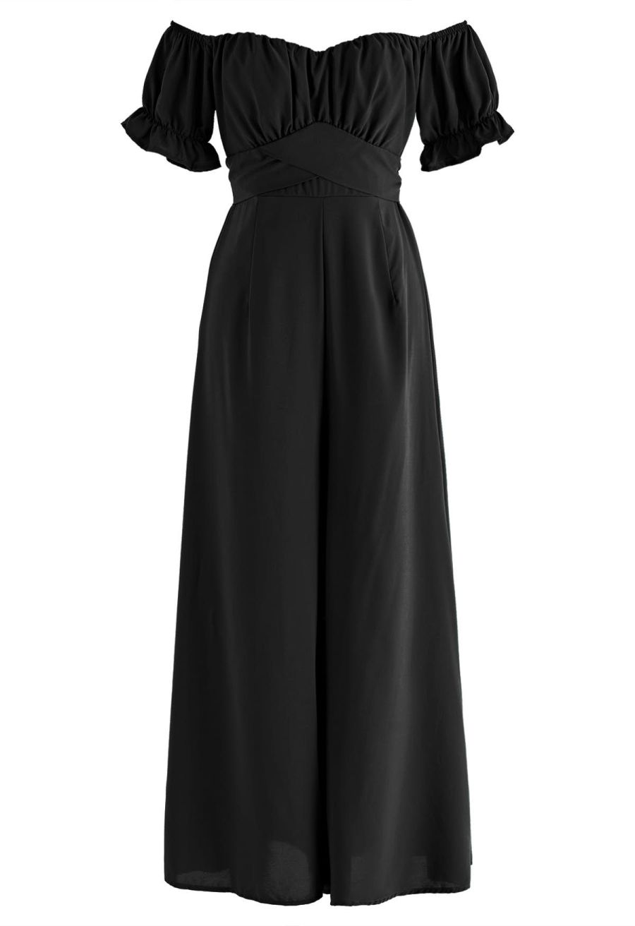 Breezy Off-Shoulder Tie Back Crop Jumpsuit in Black
