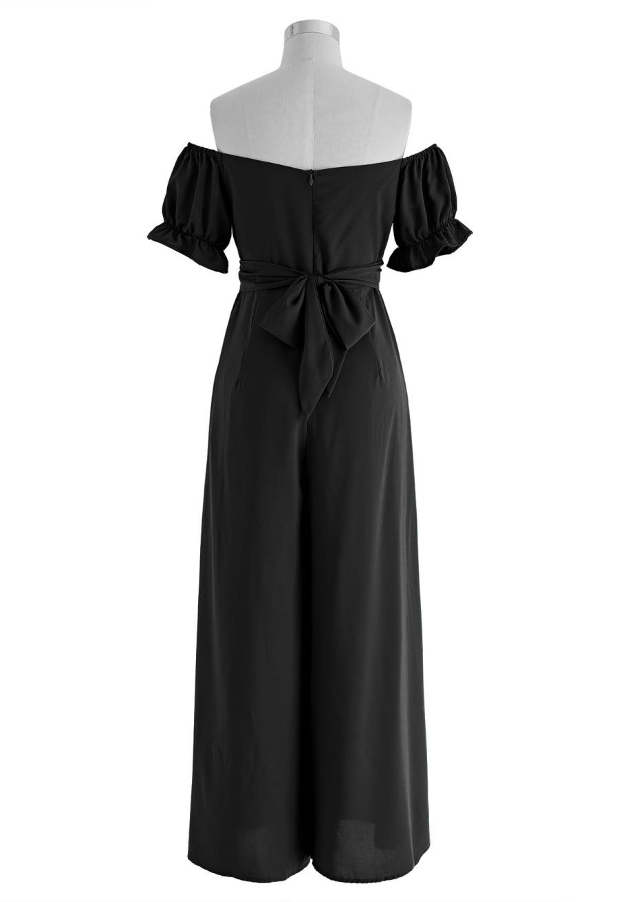 Breezy Off-Shoulder Tie Back Crop Jumpsuit in Black