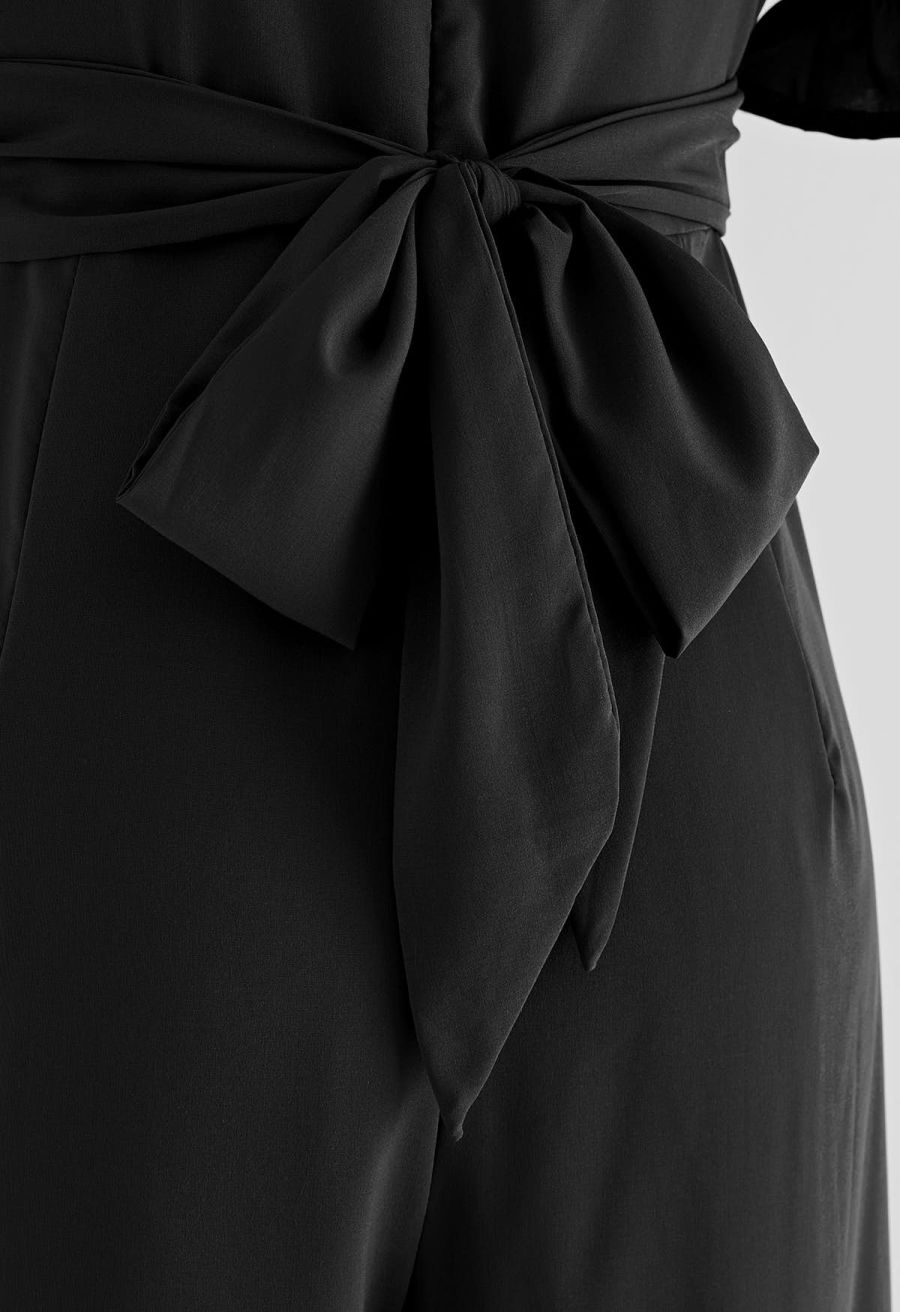 Breezy Off-Shoulder Tie Back Crop Jumpsuit in Black
