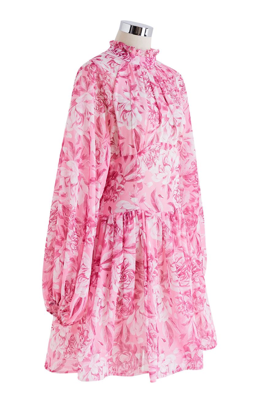 Cutout Back Floral Bubble Sleeve Frilling Dress in Pink