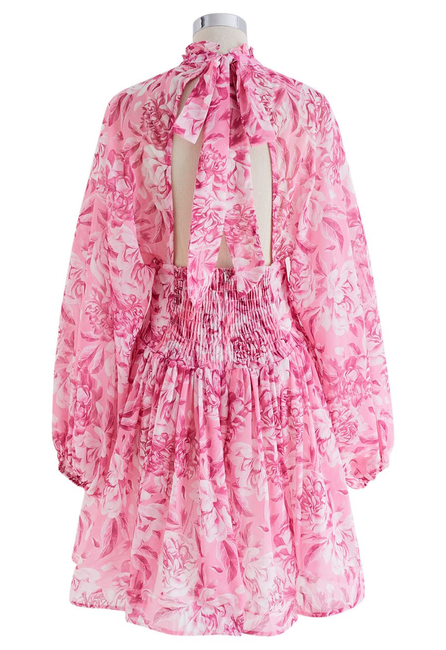 Cutout Back Floral Bubble Sleeve Frilling Dress in Pink