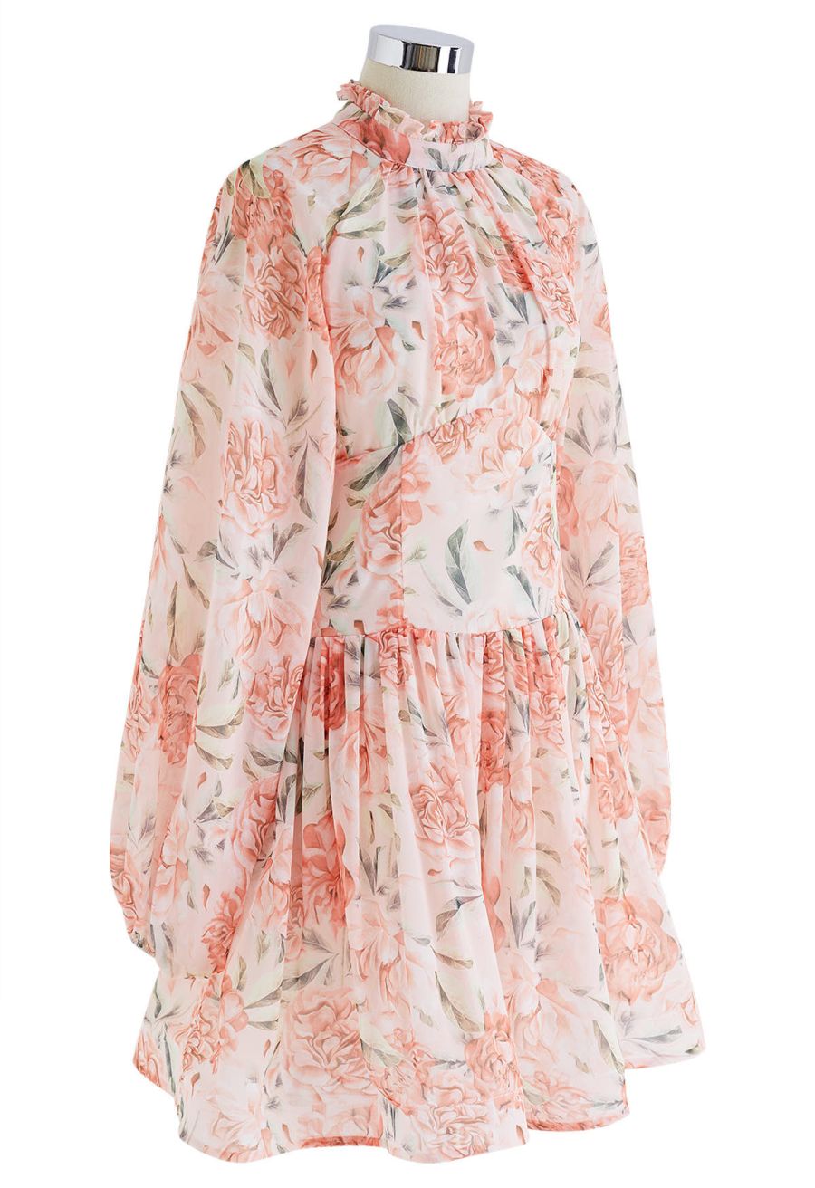Cutout Back Floral Bubble Sleeve Frilling Dress in Blush