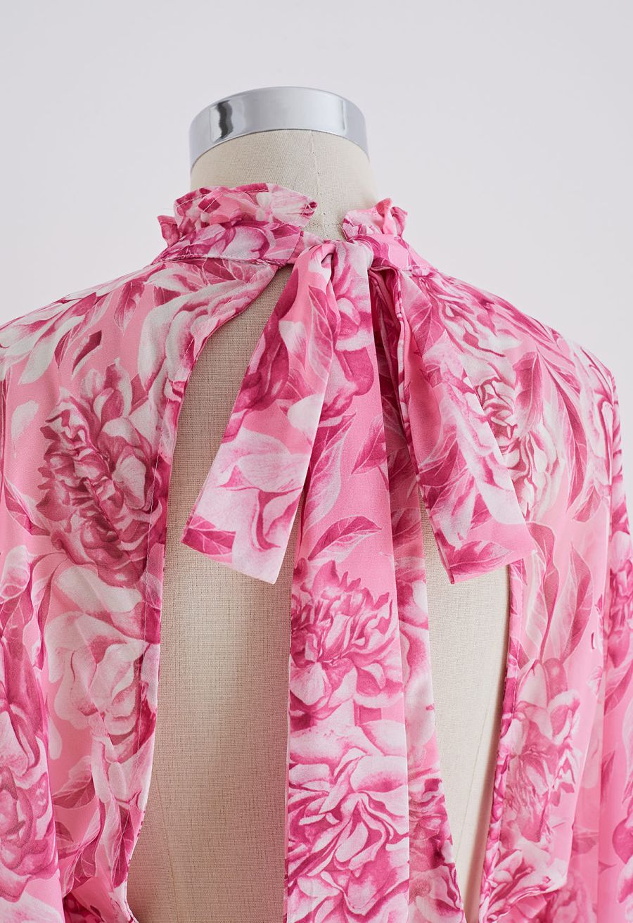 Cutout Back Floral Bubble Sleeve Frilling Dress in Pink