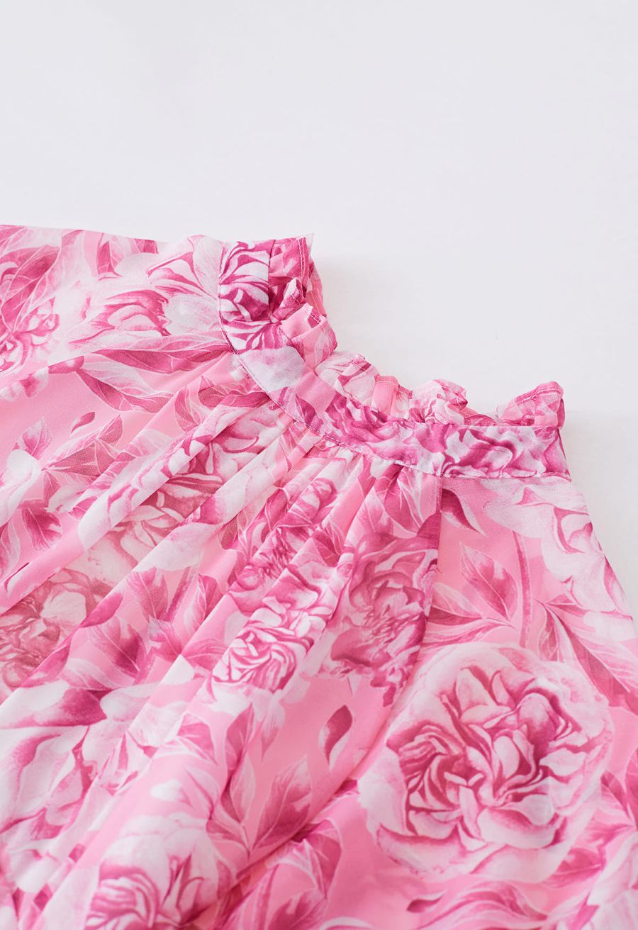 Cutout Back Floral Bubble Sleeve Frilling Dress in Pink