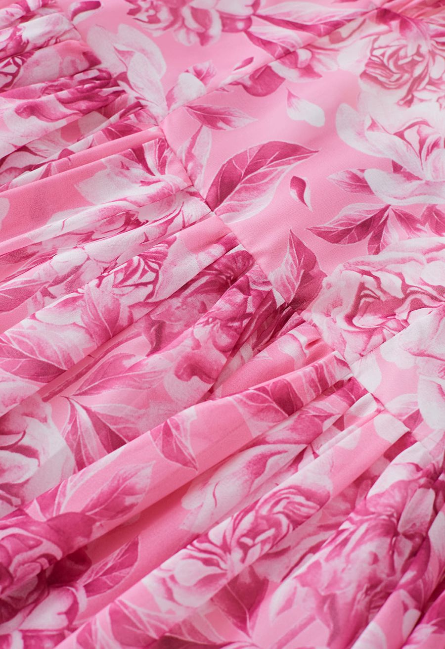 Cutout Back Floral Bubble Sleeve Frilling Dress in Pink