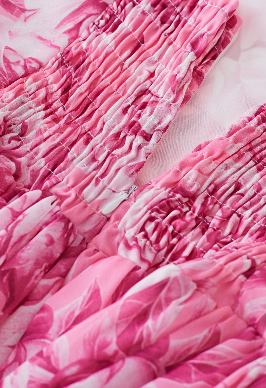 Cutout Back Floral Bubble Sleeve Frilling Dress in Pink