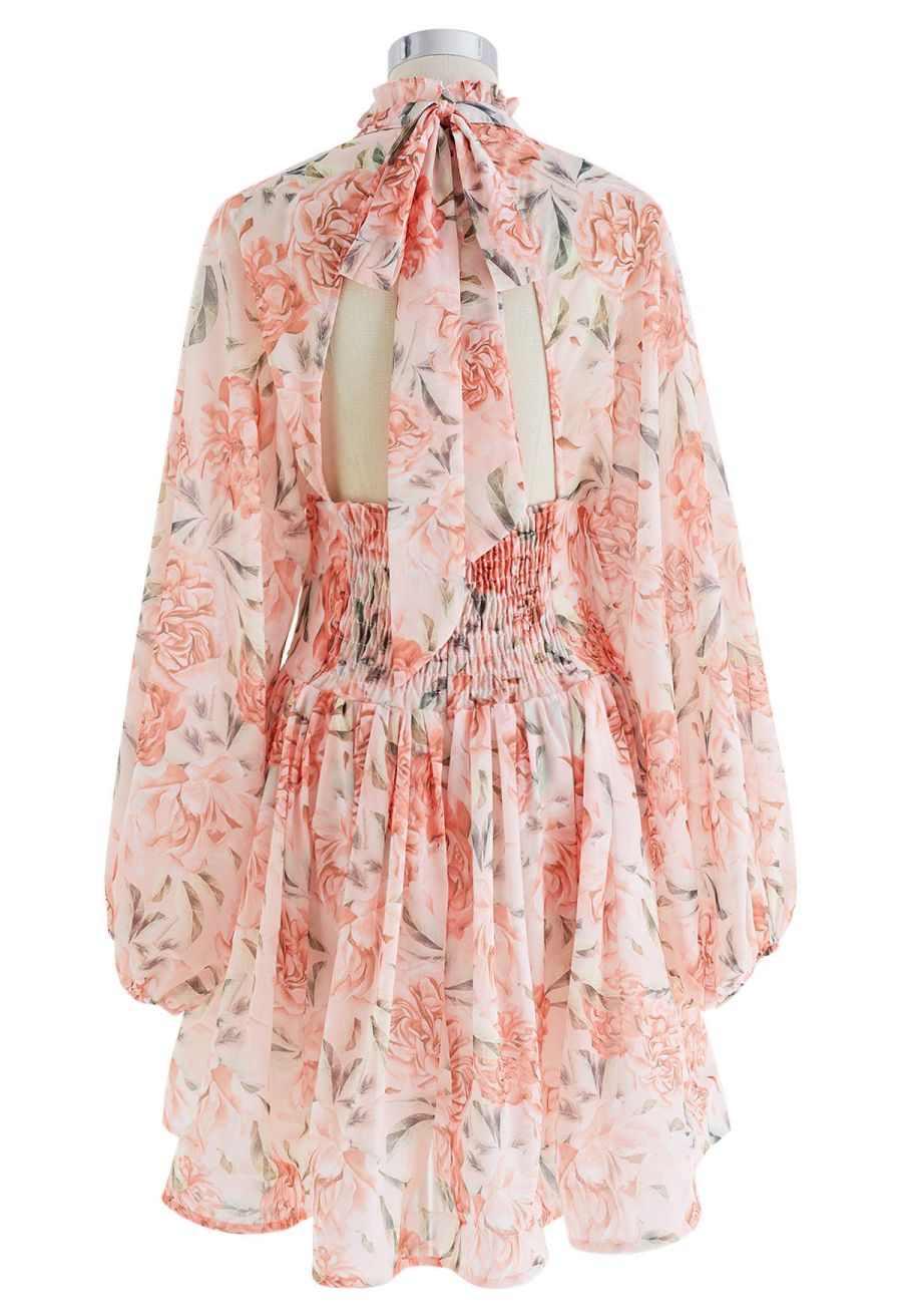 Cutout Back Floral Bubble Sleeve Frilling Dress in Blush