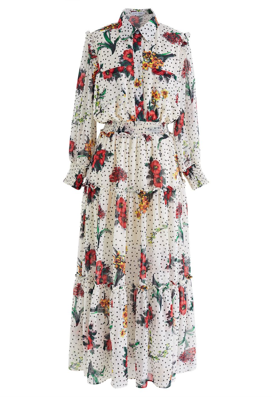 Polka Dot Floral Printed Chiffon Maxi Dress