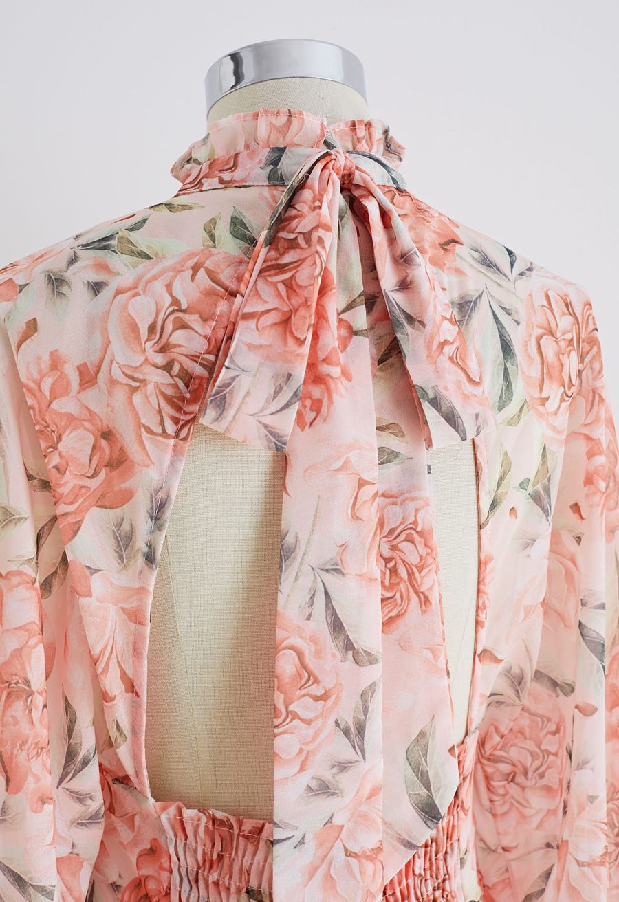 Cutout Back Floral Bubble Sleeve Frilling Dress in Blush
