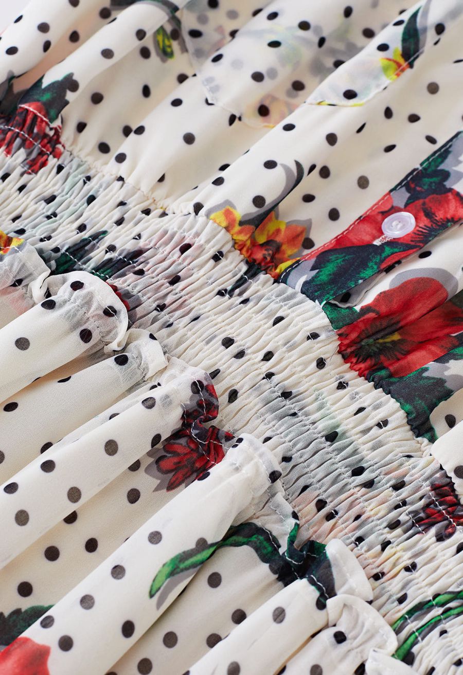 Polka Dot Floral Printed Chiffon Maxi Dress