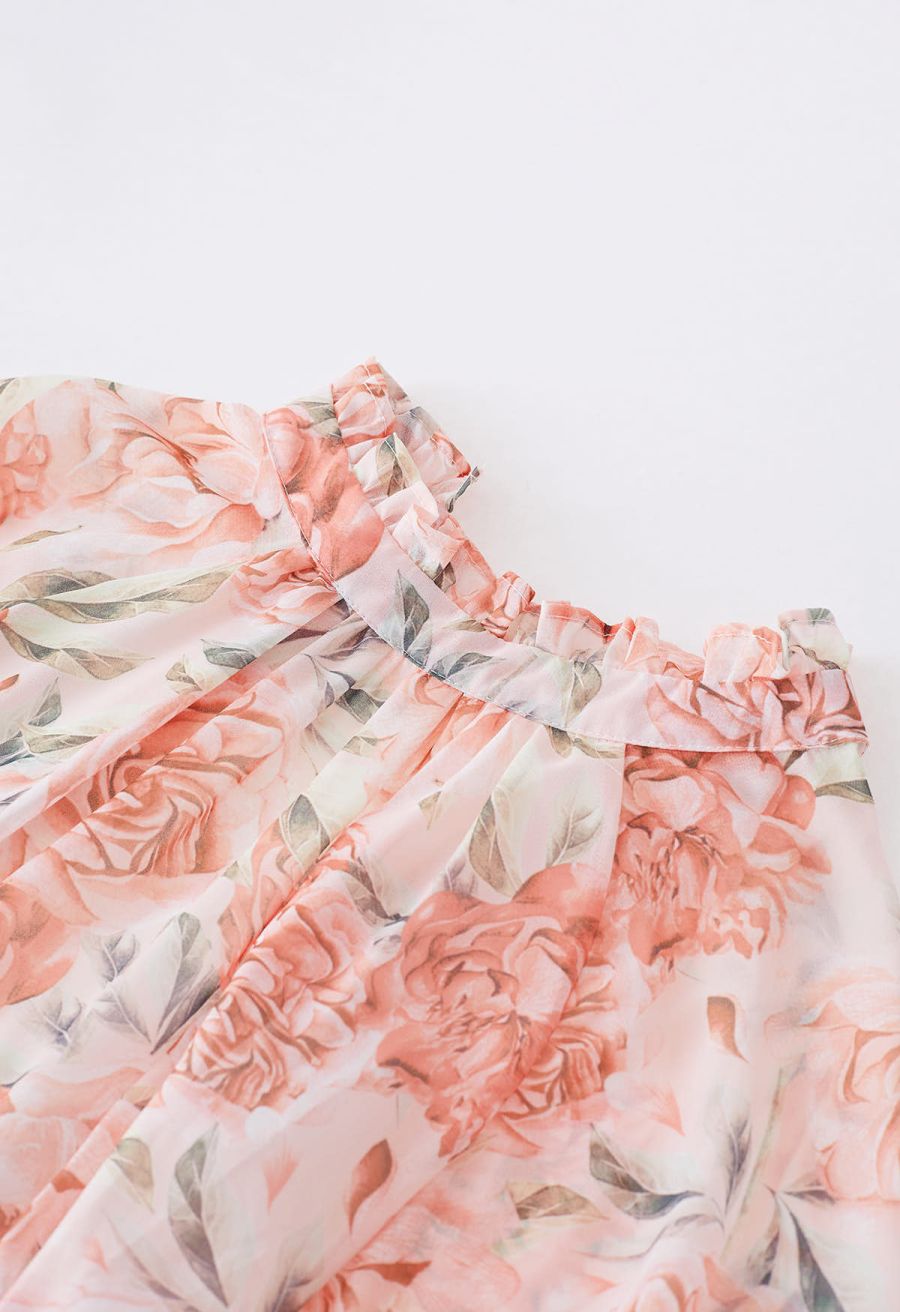 Cutout Back Floral Bubble Sleeve Frilling Dress in Blush