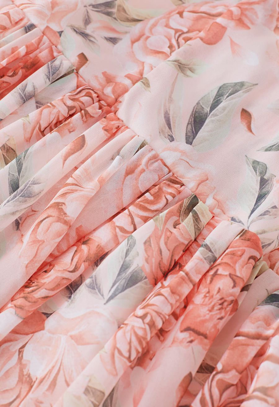 Cutout Back Floral Bubble Sleeve Frilling Dress in Blush