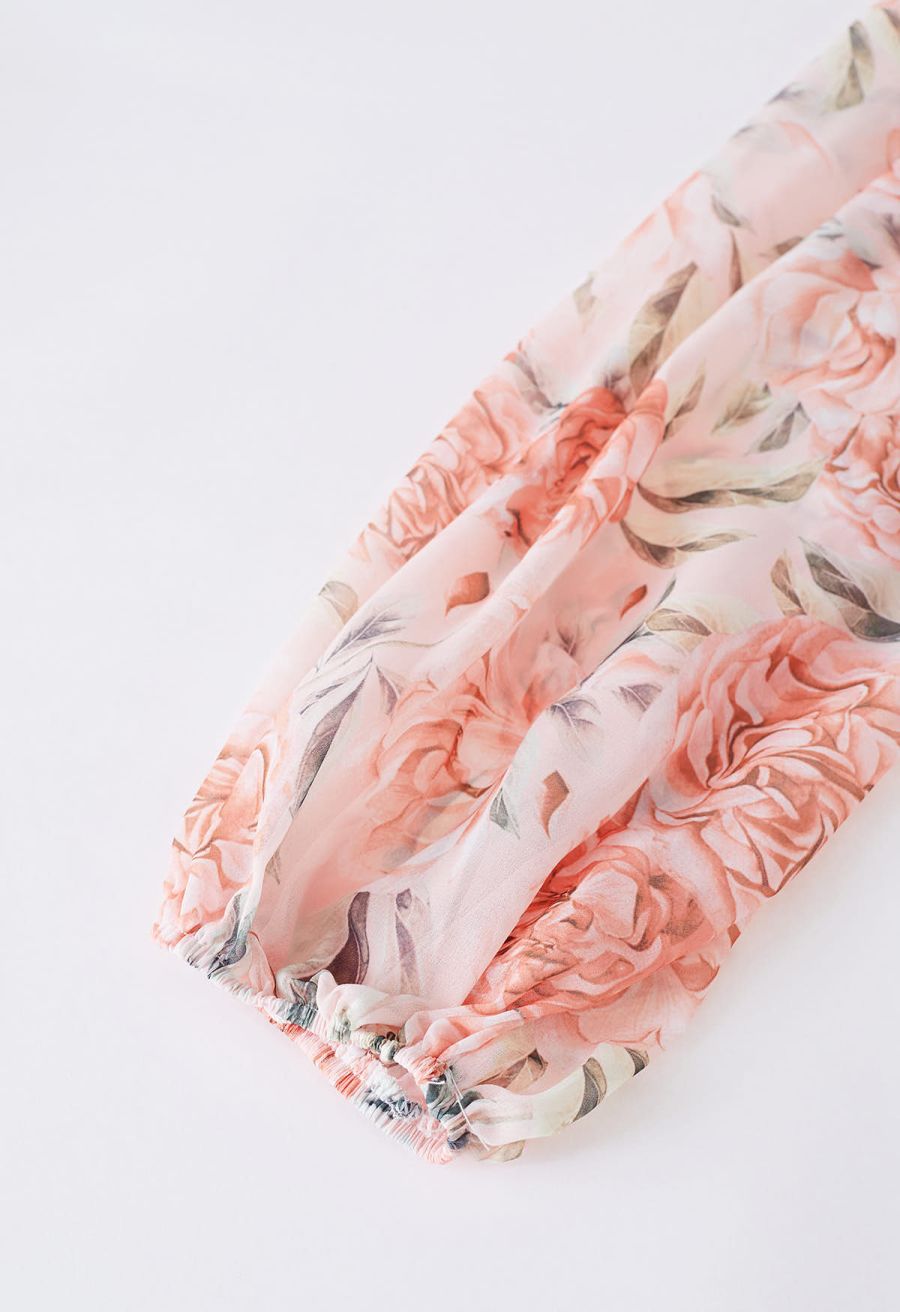 Cutout Back Floral Bubble Sleeve Frilling Dress in Blush