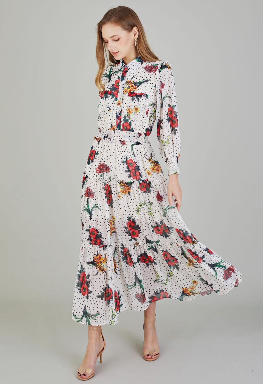 Polka Dot Floral Printed Chiffon Maxi Dress