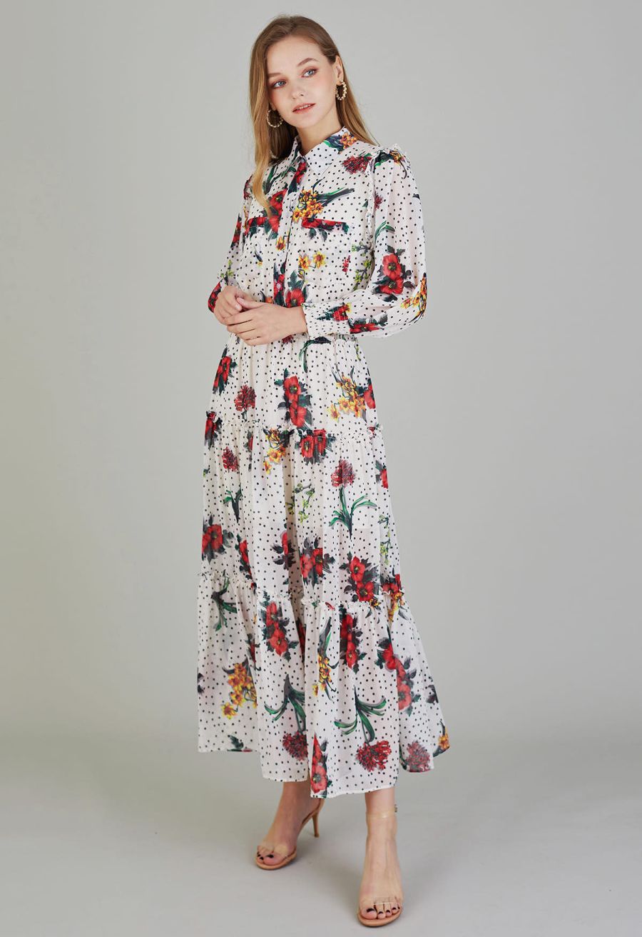 Polka Dot Floral Printed Chiffon Maxi Dress