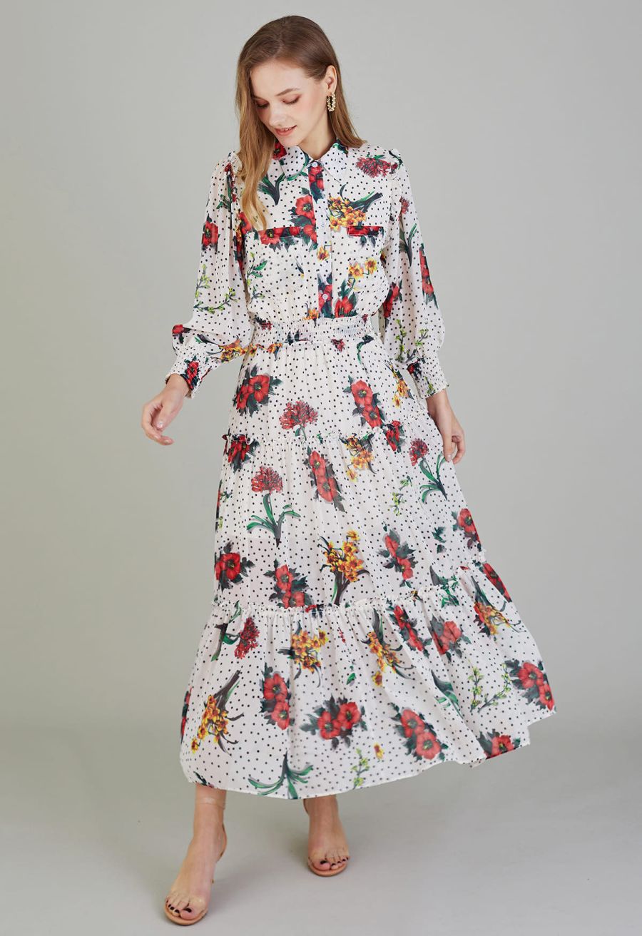 Polka Dot Floral Printed Chiffon Maxi Dress