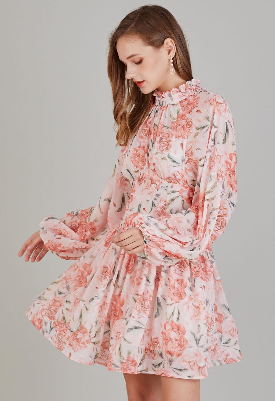 Cutout Back Floral Bubble Sleeve Frilling Dress in Blush