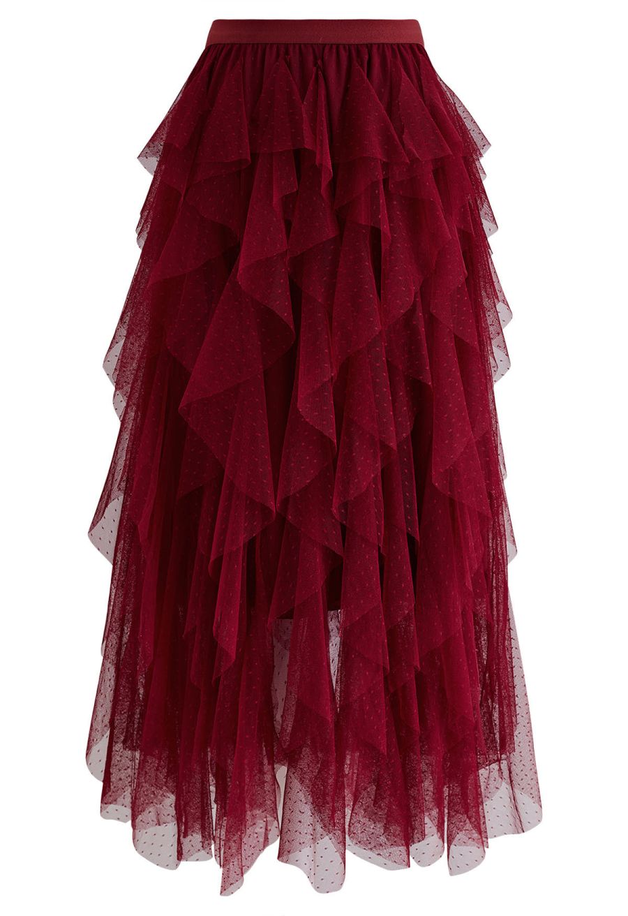Dots Full Ruffled Tulle Skirt in Red