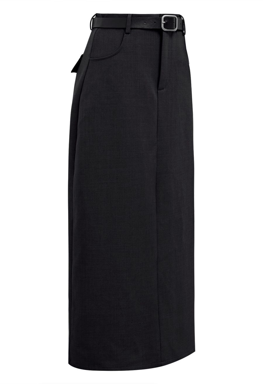 Slit Back Belted Maxi Skirt in Black