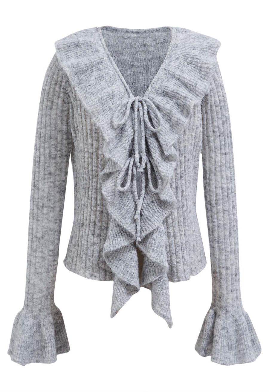 Exaggerated Ruffle Neck Self-Tie Knit Top in Grey