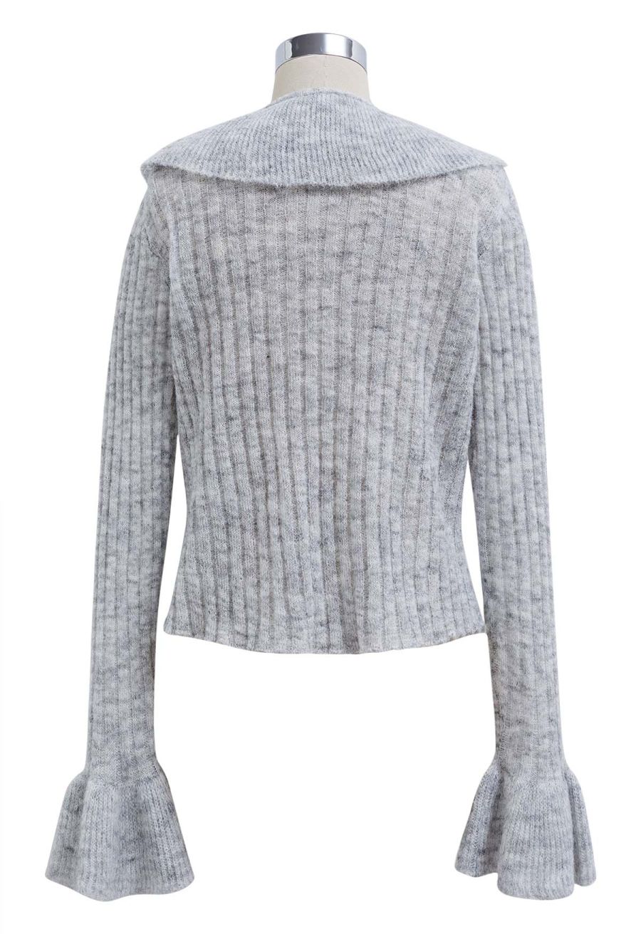 Exaggerated Ruffle Neck Self-Tie Knit Top in Grey
