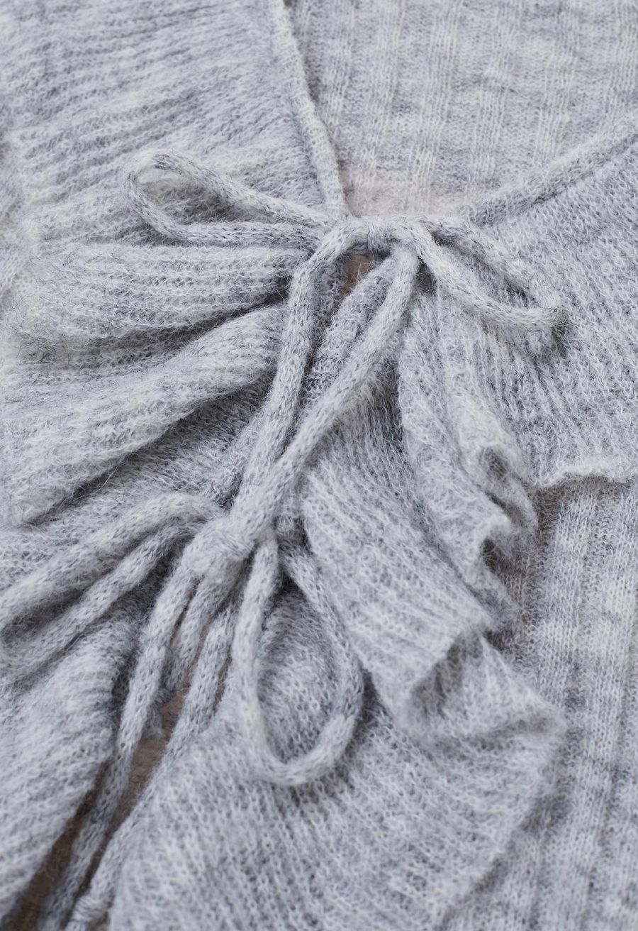 Exaggerated Ruffle Neck Self-Tie Knit Top in Grey