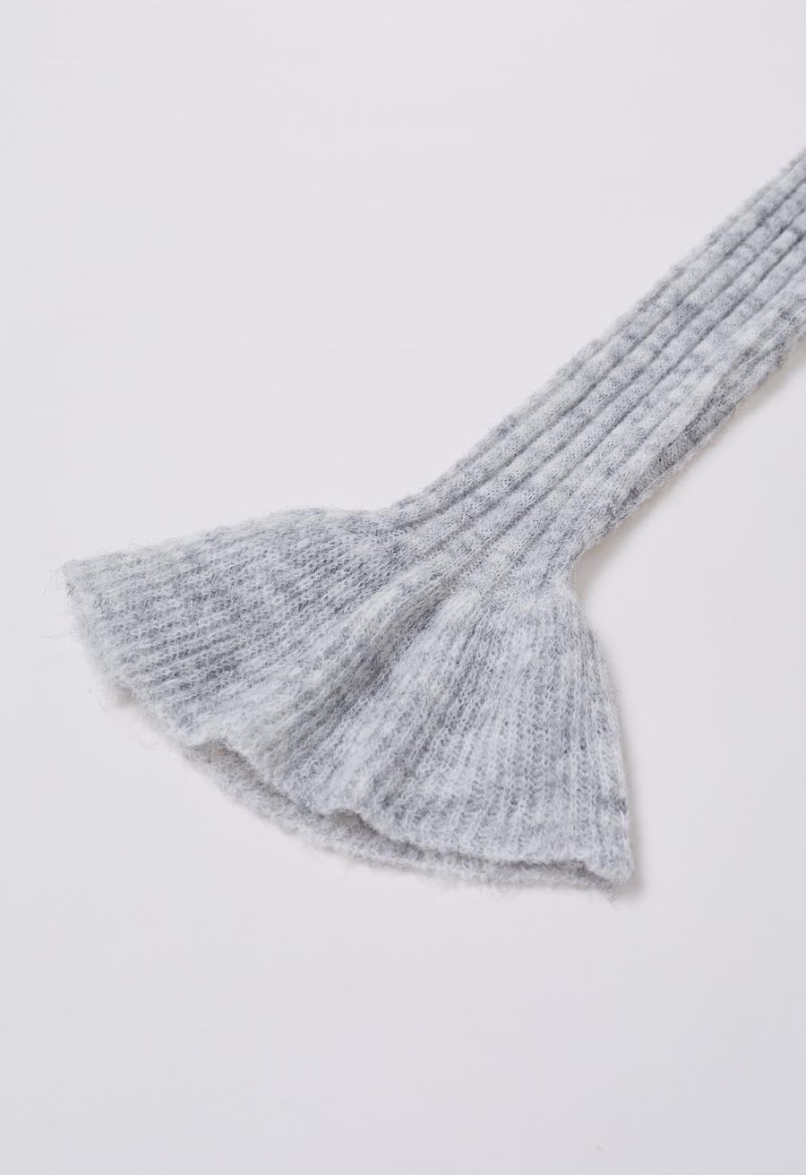 Exaggerated Ruffle Neck Self-Tie Knit Top in Grey