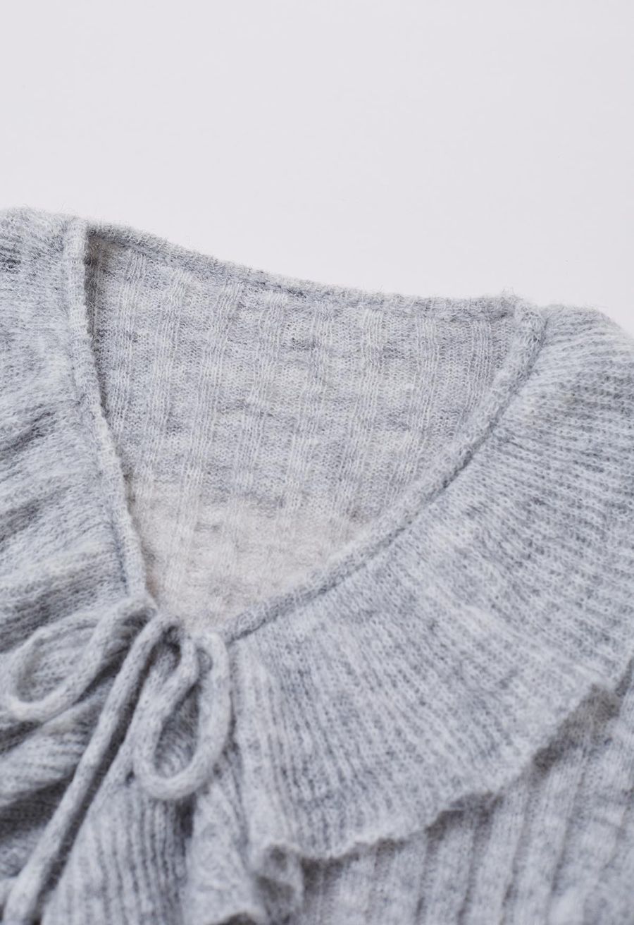 Exaggerated Ruffle Neck Self-Tie Knit Top in Grey