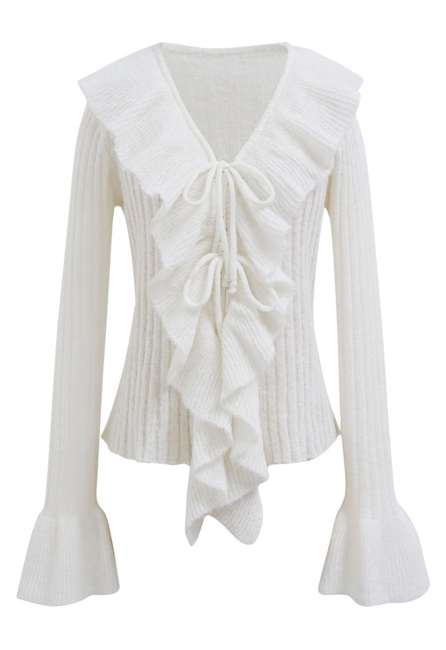 Exaggerated Ruffle Neck Self-Tie Knit Top in White