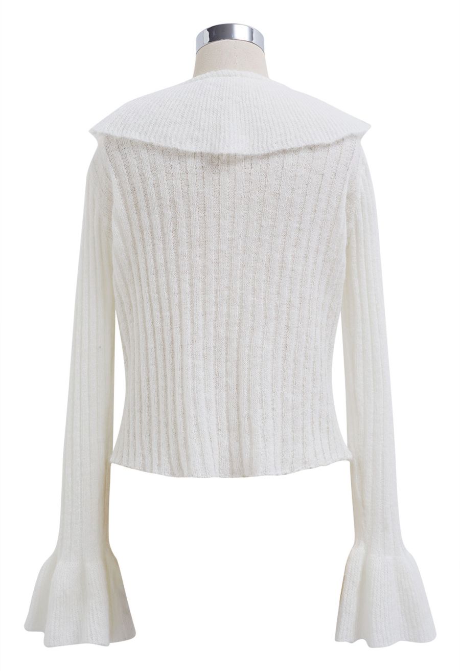 Exaggerated Ruffle Neck Self-Tie Knit Top in White