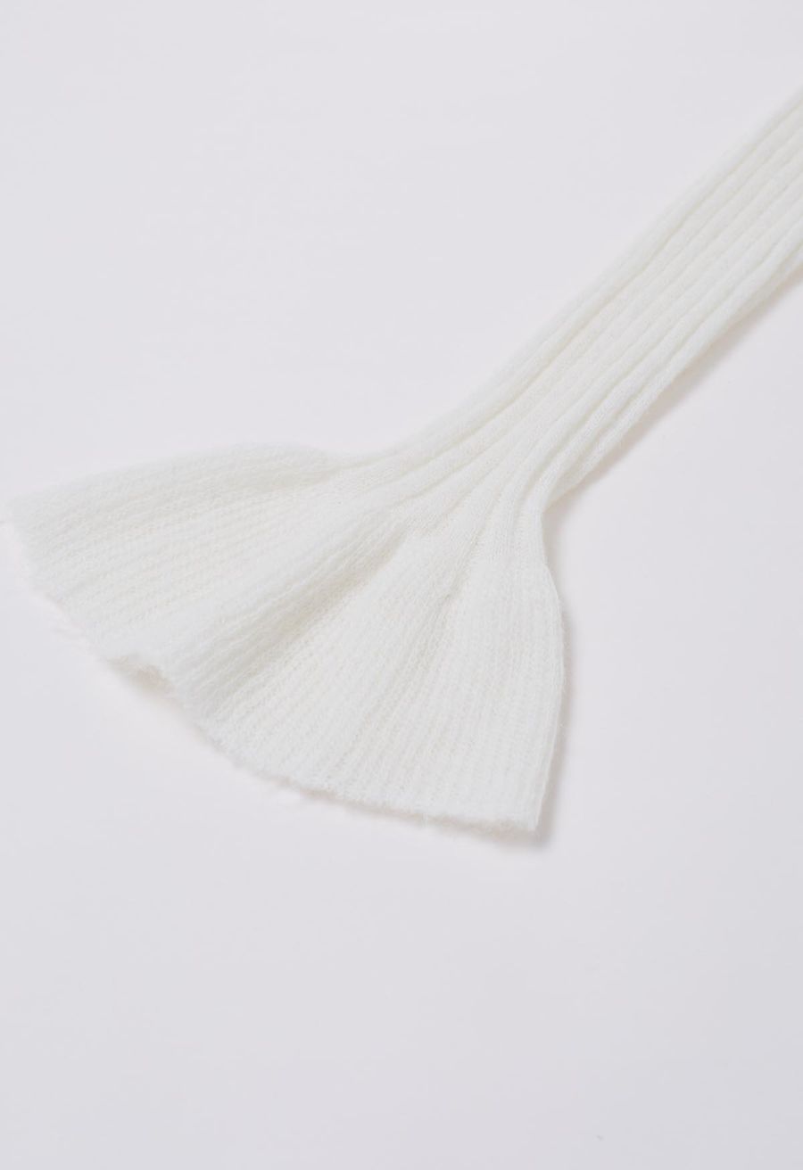 Exaggerated Ruffle Neck Self-Tie Knit Top in White
