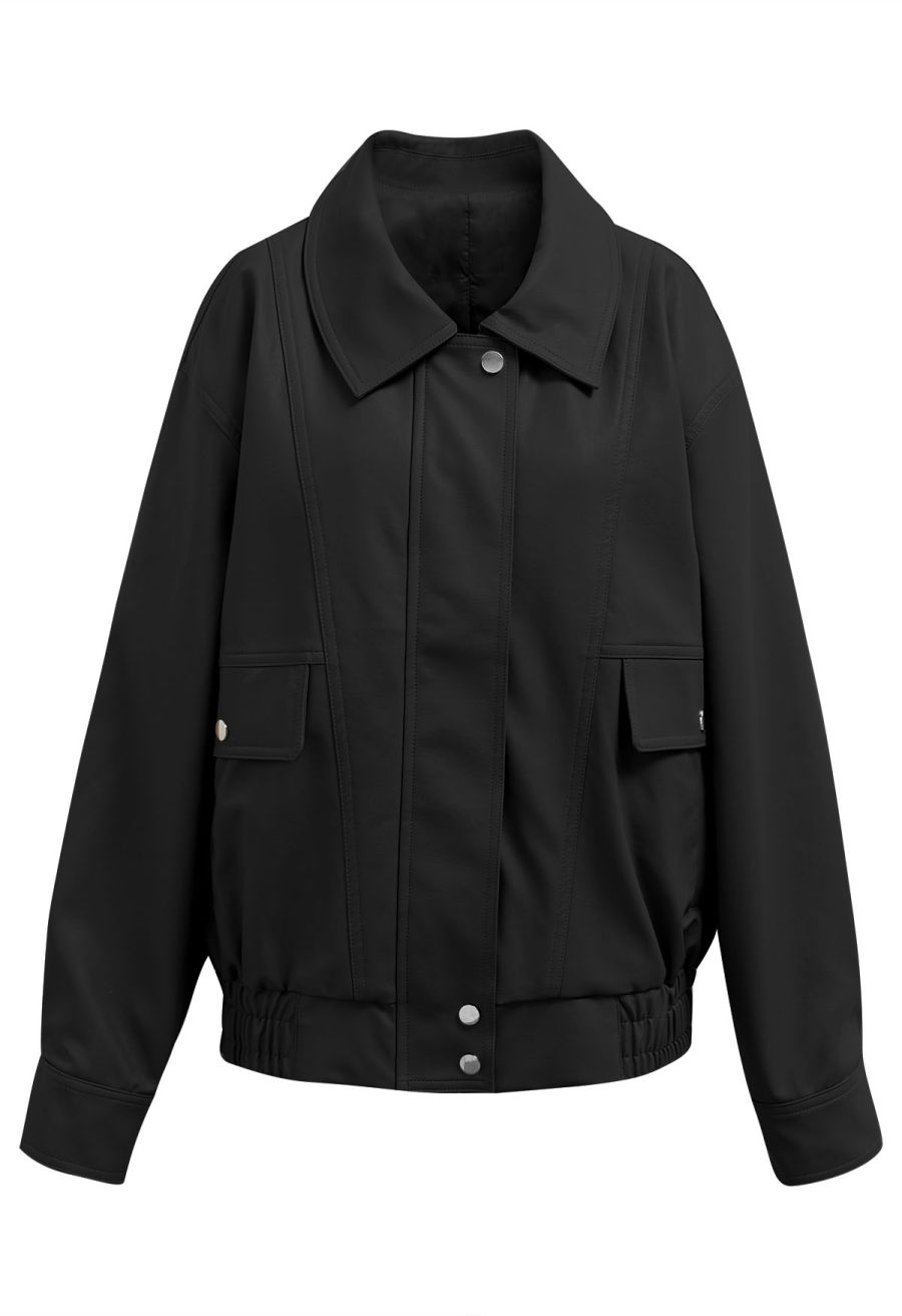 Fake Flap Pocket Faux Leather Jacket in Black