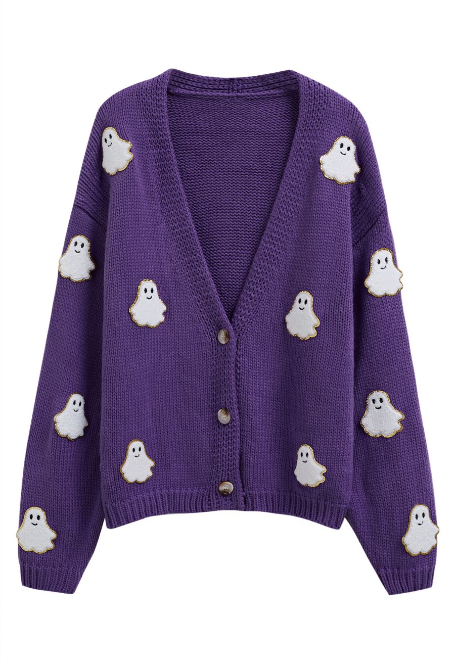 Halloween Ghost Patch Buttoned Knit Cardigan in Purple Halloween Costumes