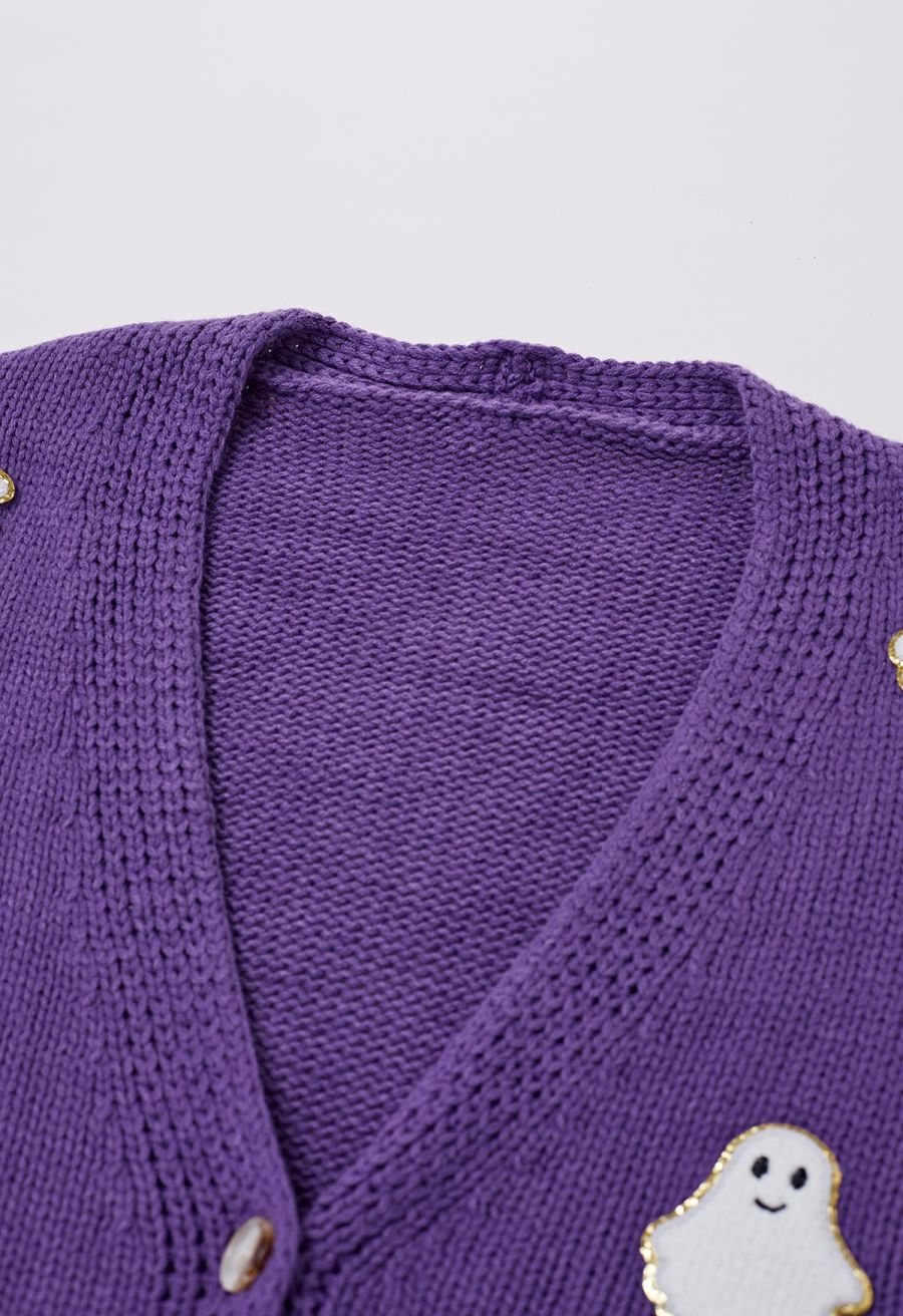 Halloween Ghost Patch Buttoned Knit Cardigan in Purple Halloween Costumes