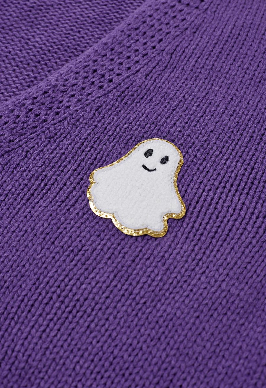 Halloween Ghost Patch Buttoned Knit Cardigan in Purple Halloween Costumes