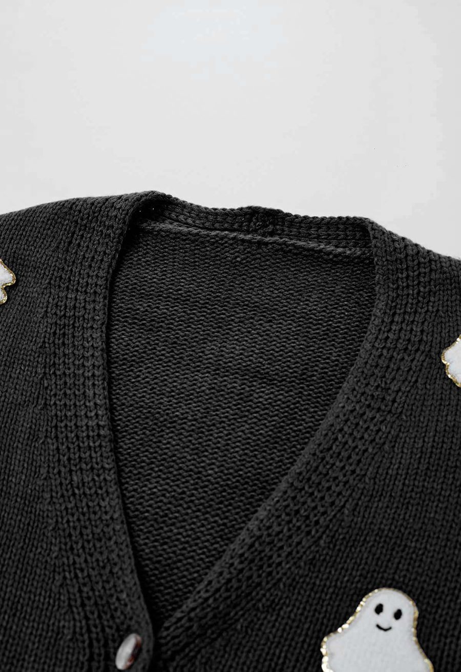Halloween Ghost Patch Buttoned Knit Cardigan in Black Halloween Costumes