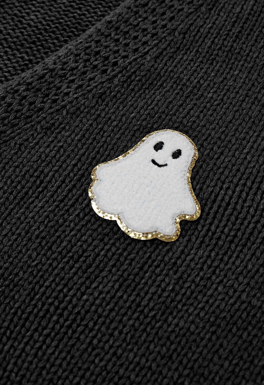 Halloween Ghost Patch Buttoned Knit Cardigan in Black Halloween Costumes